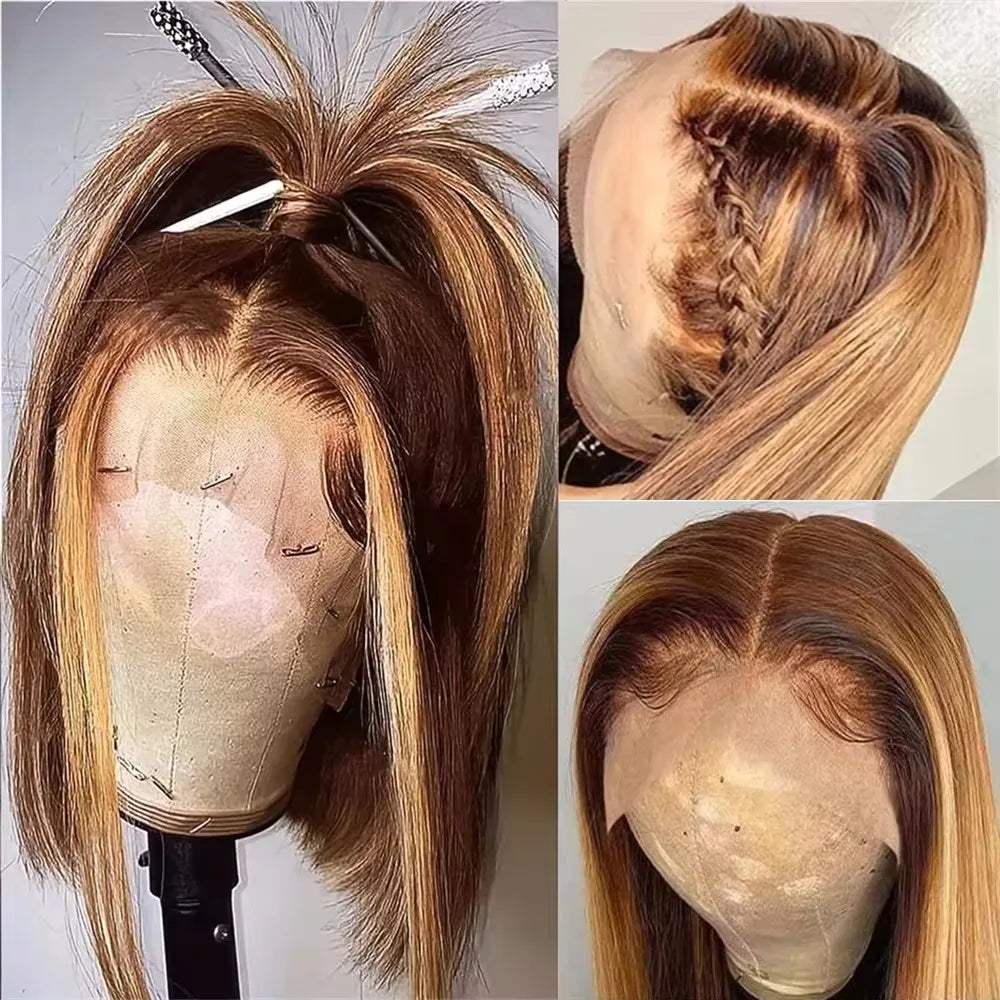 Highlight Ombre Straight Short Bob 4x4 Lace Closure Wigs 100% Human Hair Vietnamese 200 Density #4/27 Color 13x4 Lace Front Wig