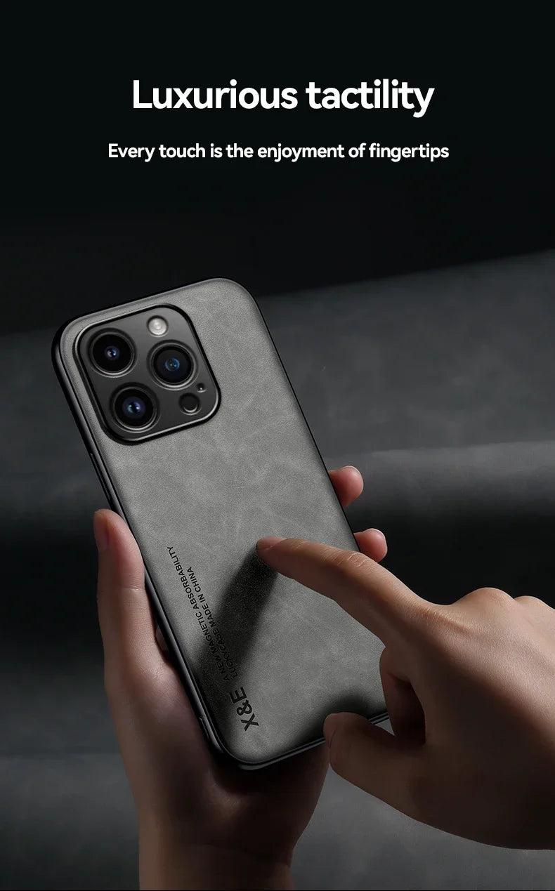 Luxury Leather Case For iPhone 16 16e 15 14 13 12 11 Pro Max Plus 12 13 Mini X XS SE 8 7 Cover With Metal Plate Support Car Hold