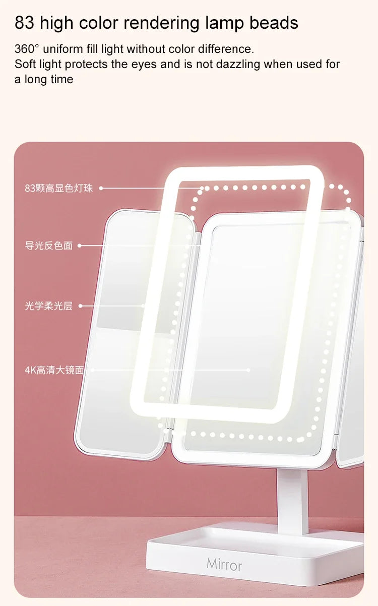 Tri-Fold Makeup Mirror with Led Light, Rotable Cute Desk Vanity Mirror 3 Tone with 2X/3X Magnifying Gift for Mom Wife Girlfriend