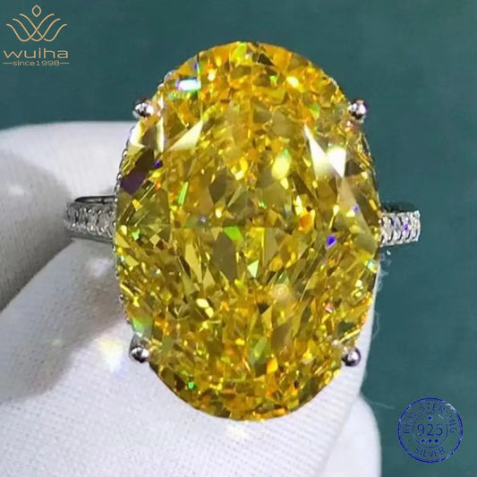 WUIHA Real 925 Sterling Silver Crushed Ice Oval 30CT Fancy Vivid Yellow Pink Sapphire Synthetic Moissanite Ring Drop Shipping