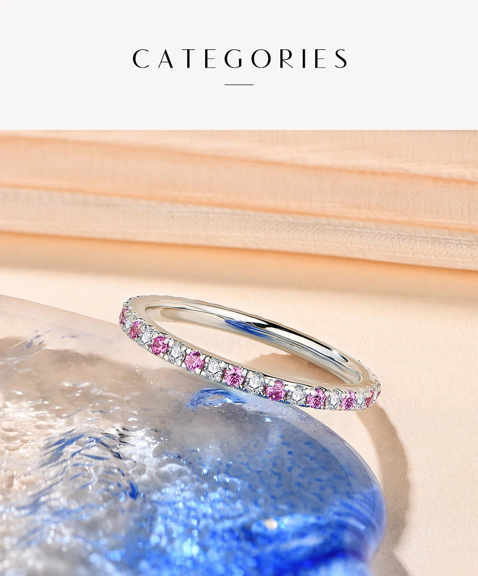 ATTAGEMS 2023 Round Moissanite Ring Real S925 Silver Stackable Rings for Women Pink and Blue Saphire Wedding Band Fine Jewelry