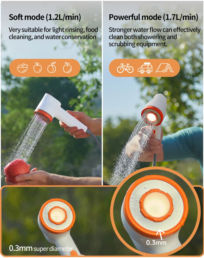 New Portable Outdoor Electric Shower with 2500mAh USB Charging Waterproof Mobile Showerhead for Camping Car Washing and Lighting