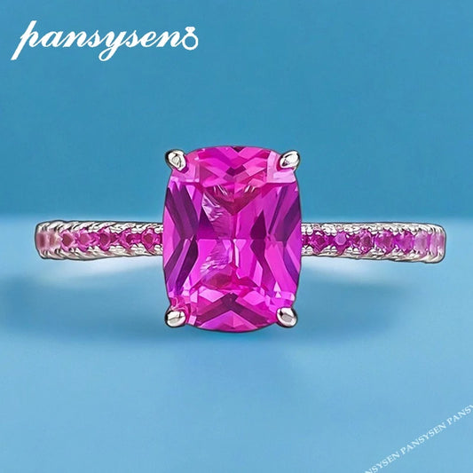 PANSYSEN 100% 925 Sterling Silver 2CT 6*8MM Cushion Cut Pink Sapphire Emerald Gemstone Ring for Women Wedding Party Fine Jewelry