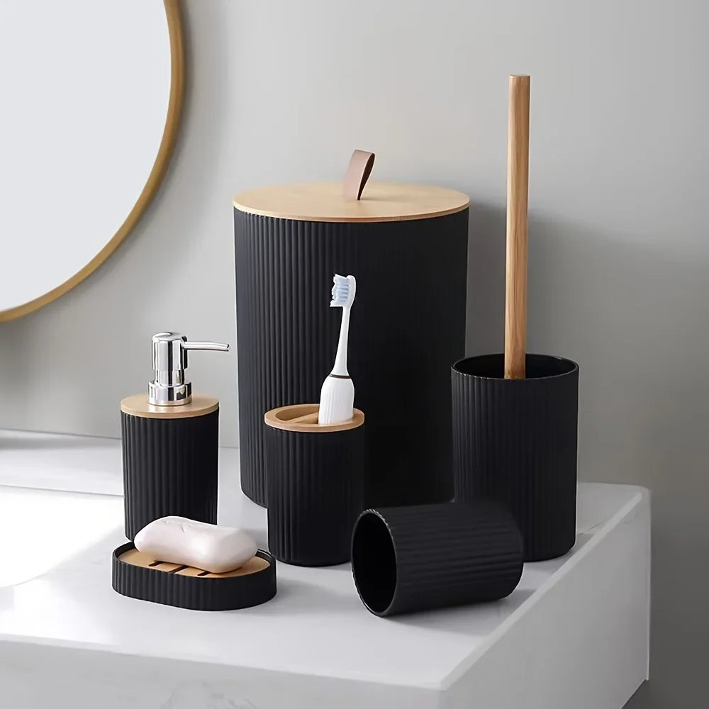 Set 6 Pieces Soap Dispenser Box Toilet Brush Lotion Bottle Trash Can Bamboo Plastic Bathroom Storage Set Toothbrush Cup Holder