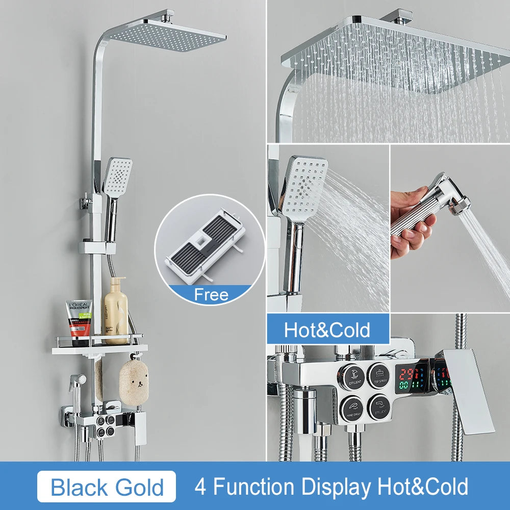 Black Thermostatic LCD Shower Faucet Set Temperature Display Rainfall Bathtub Tap With Bathroom Shelf Electricity By Water
