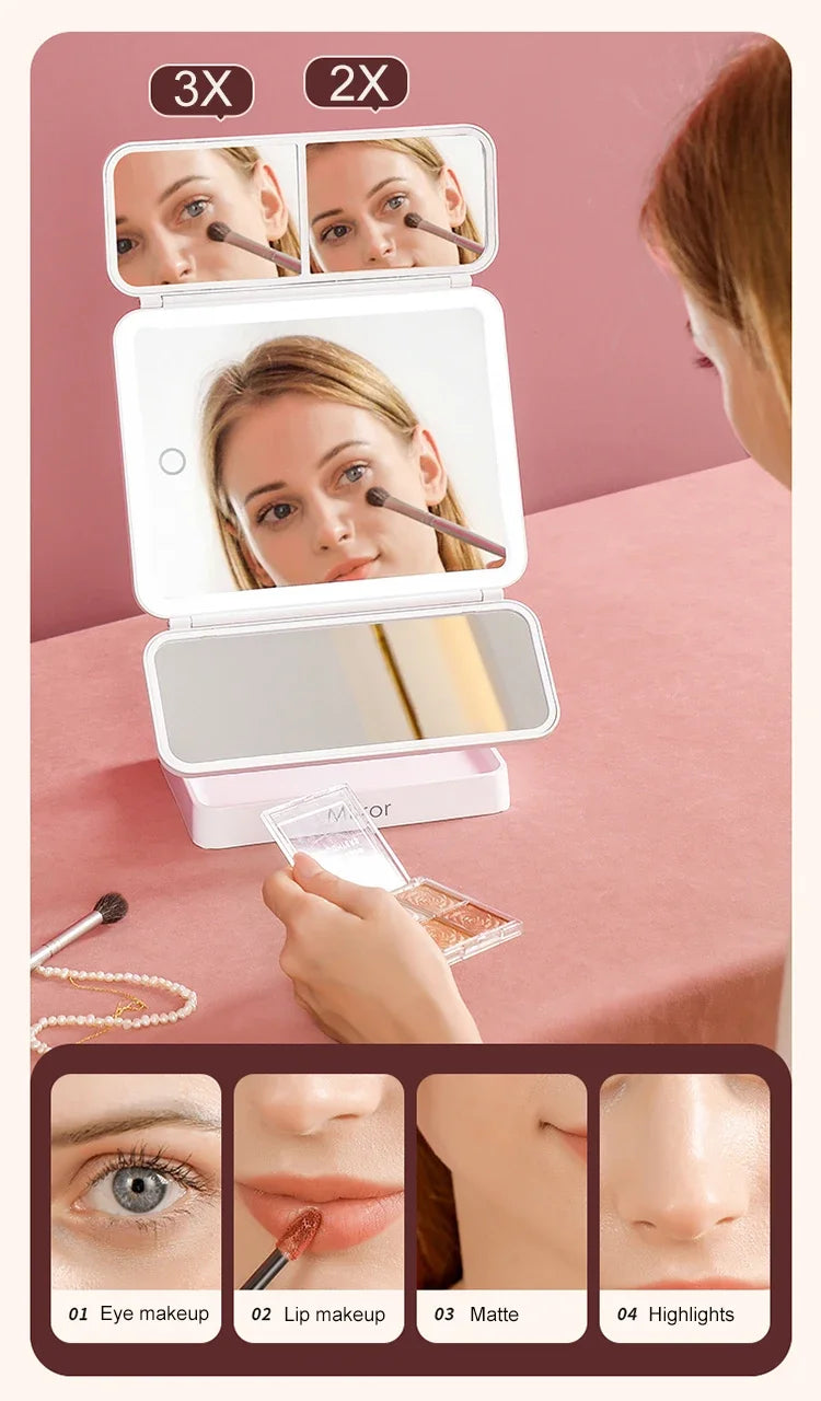 Tri-Fold Makeup Mirror with Led Light, Rotable Cute Desk Vanity Mirror 3 Tone with 2X/3X Magnifying Gift for Mom Wife Girlfriend