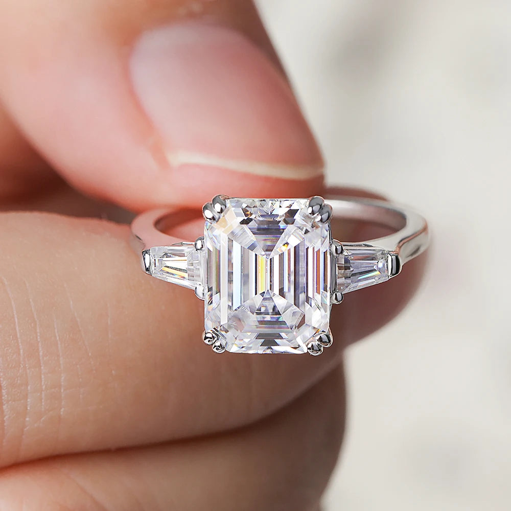 1-4 Carat Emerald Cut Moissanite Rings for Women D VVS1 Three Stone Diamond Engagement Ring Side Baguettes 925 Silver Jewelry