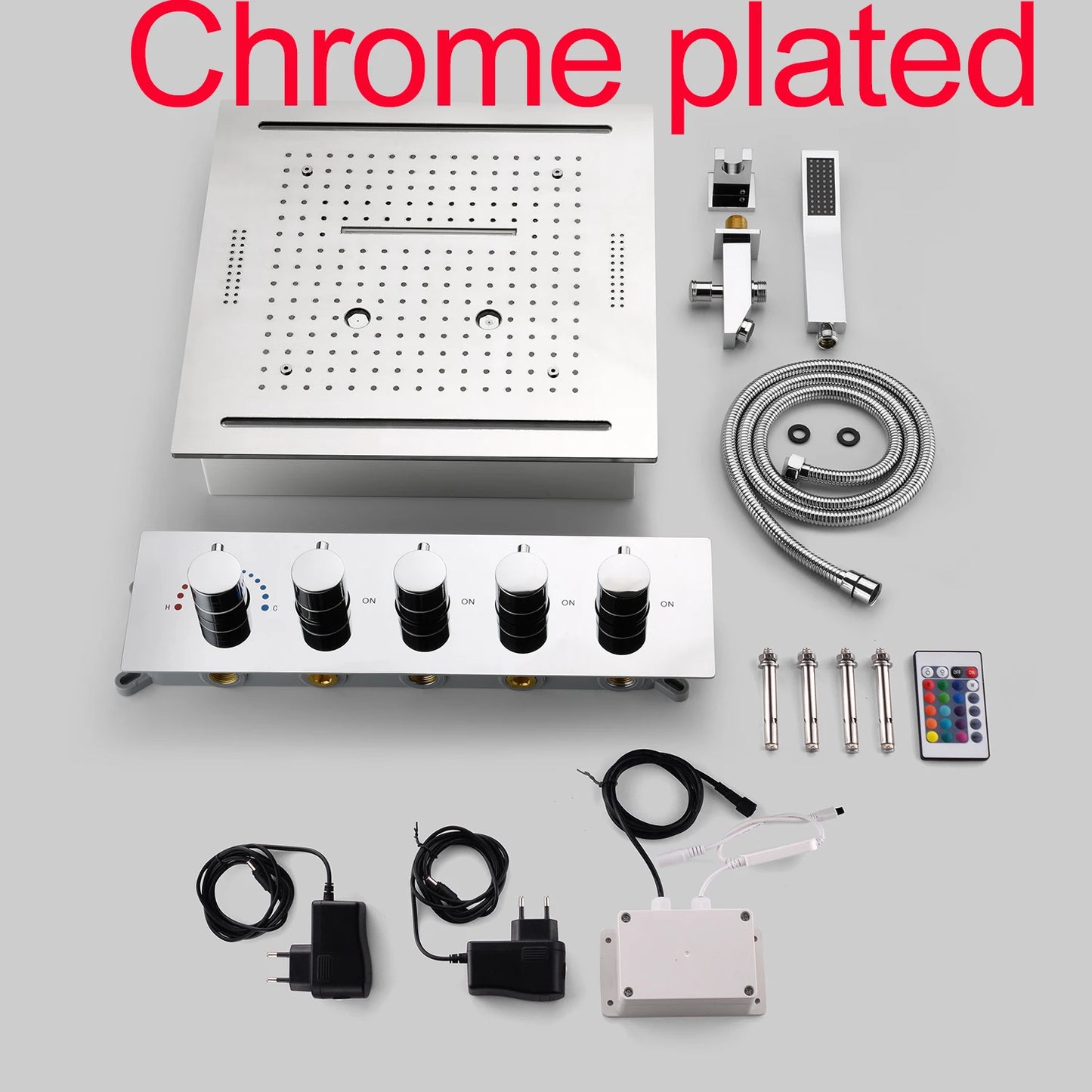 Stainles Steel 304 16inch 40cm Square Bluetooth Music LED Shower Head Panel Set Spray Rainfall Steam Thermostatic Mixer Faucet