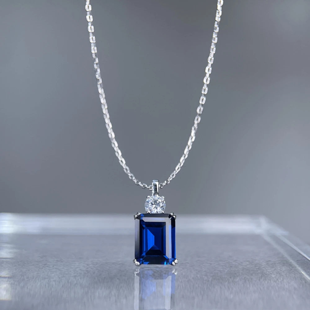 Wong Rain 925 Sterling Silver 8*10 MM Tanzanite Sapphire Ruby Citrine Emerald High Carbon Diamond Pendant Necklace Fine Jewelry