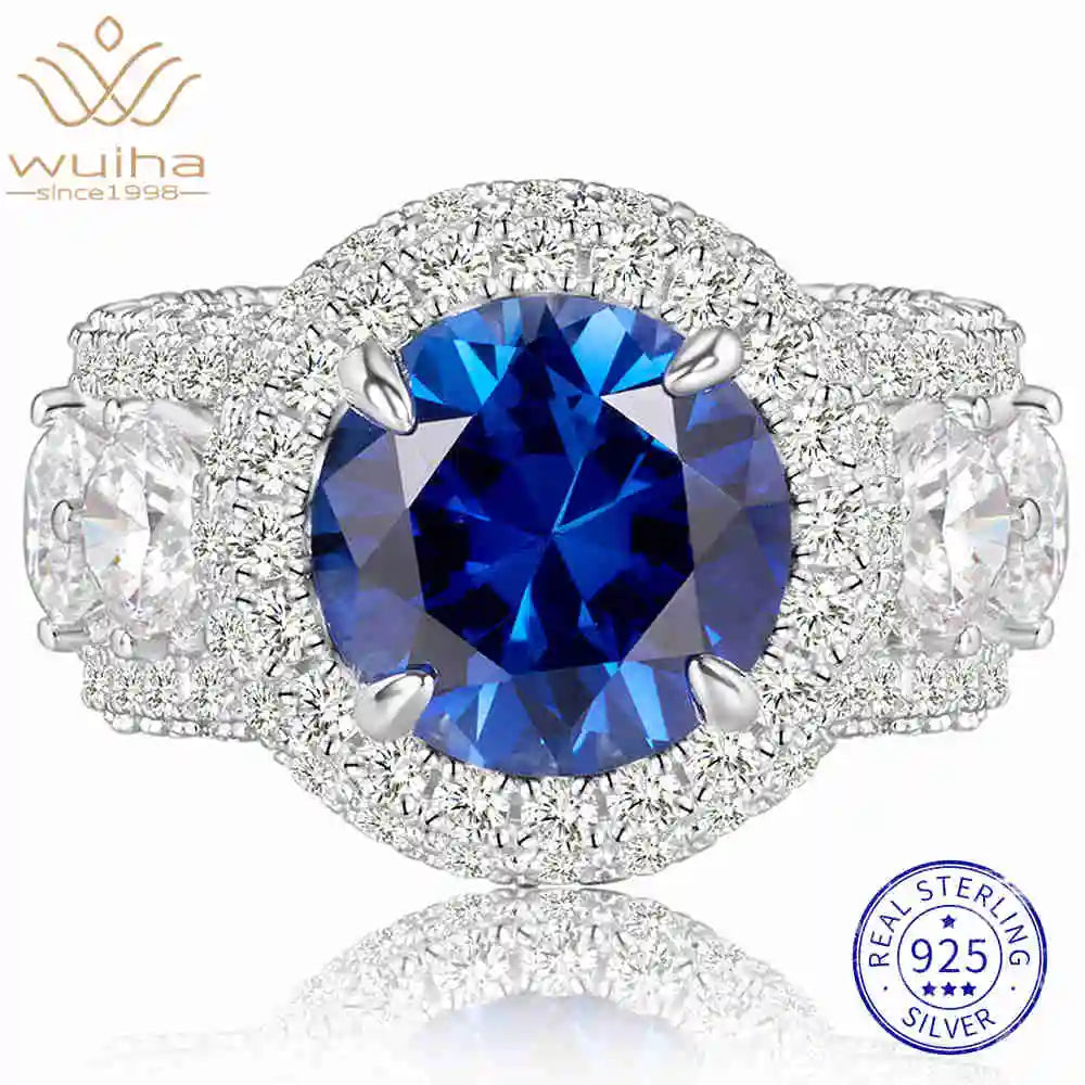 WUIHA Vintage 100% 925 Sterling Silver 11 MM Lab Sapphire High Carbon Diamonds Gemstone Wedding Engagement Ring Fine Jewelry