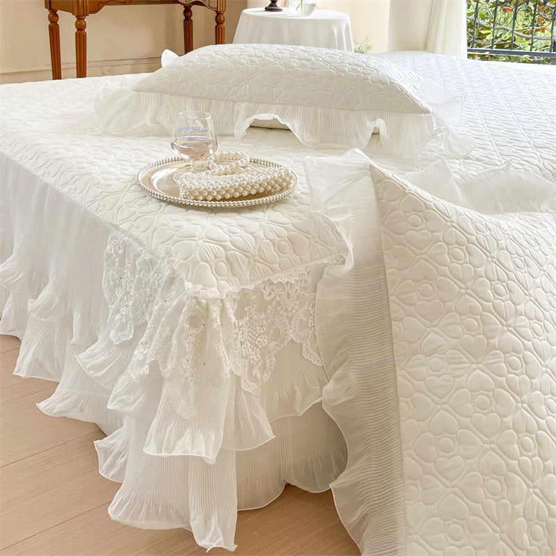 Summer Lace Ruffles Quilted Cooling Bed Skirt, Cool Feeling Fibre Mattress Cover, Bedspread, Bed Sheet, With Pillowcases, 3Pcs