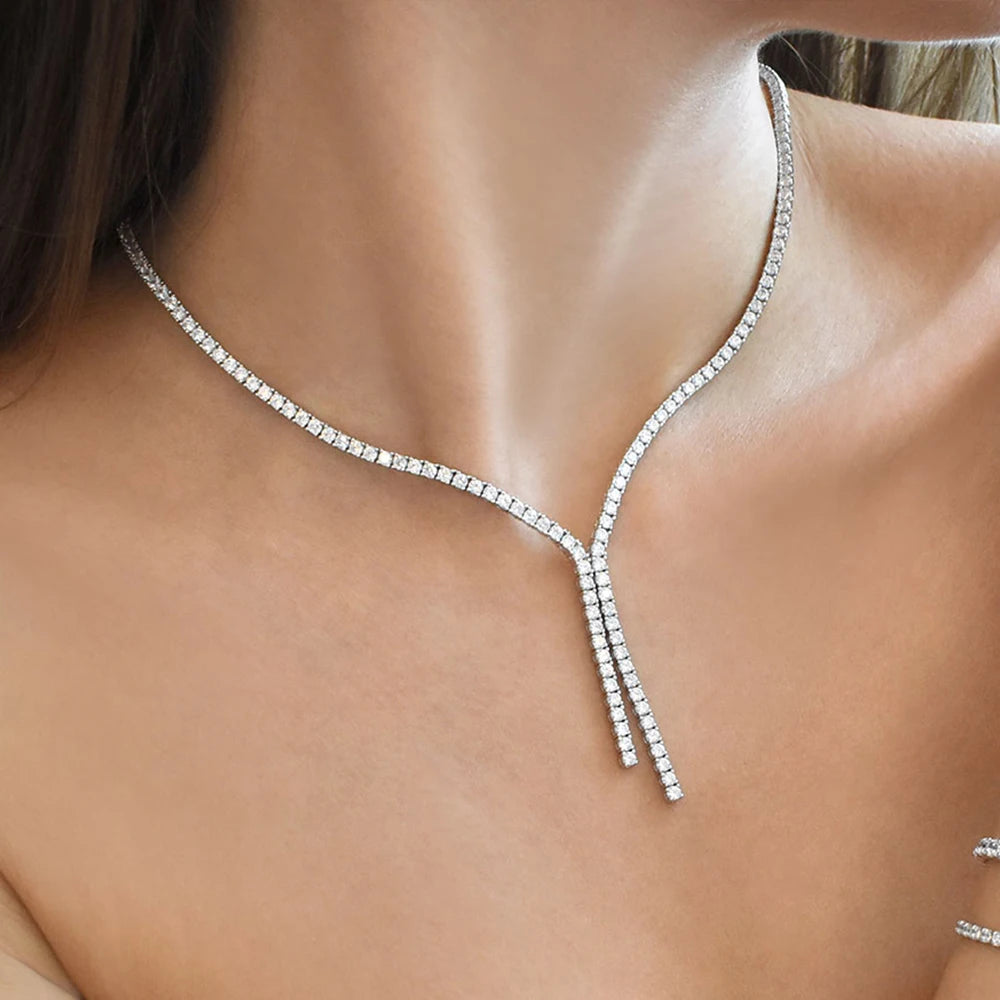 3mm Full Moissanite Tennis Necklace for Woman 925 Sterling Silver Plated 18k White Gold Tassel Necklace Party Wedding Jewelry