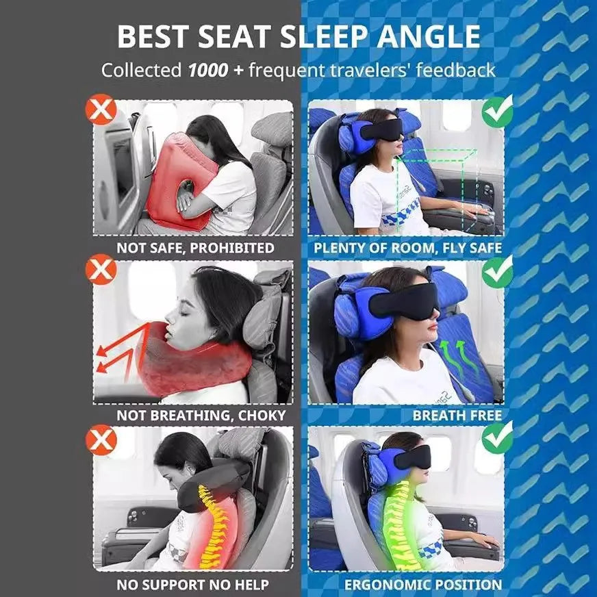Adjustable Travel Neck Pillow with Eye Mask Set Head Support for Sleeping on Airplane Car Train Breathable Prevents Head Shaking