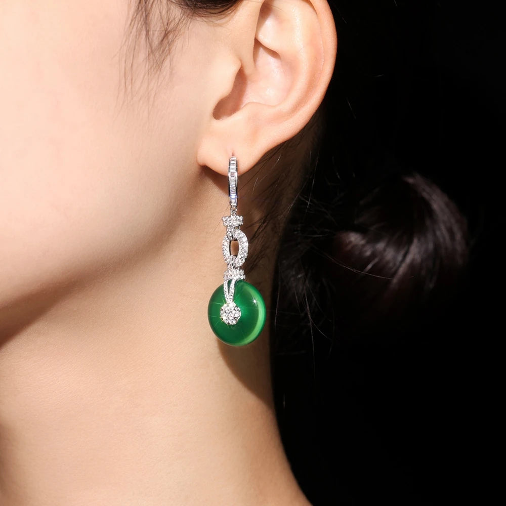 Wong Rain Vitnage 925 Sterling Silver Chalcedony High Carbon Diamond Gemstone Drop Dangle Earrings Fine Jewelry Anniversary Gift