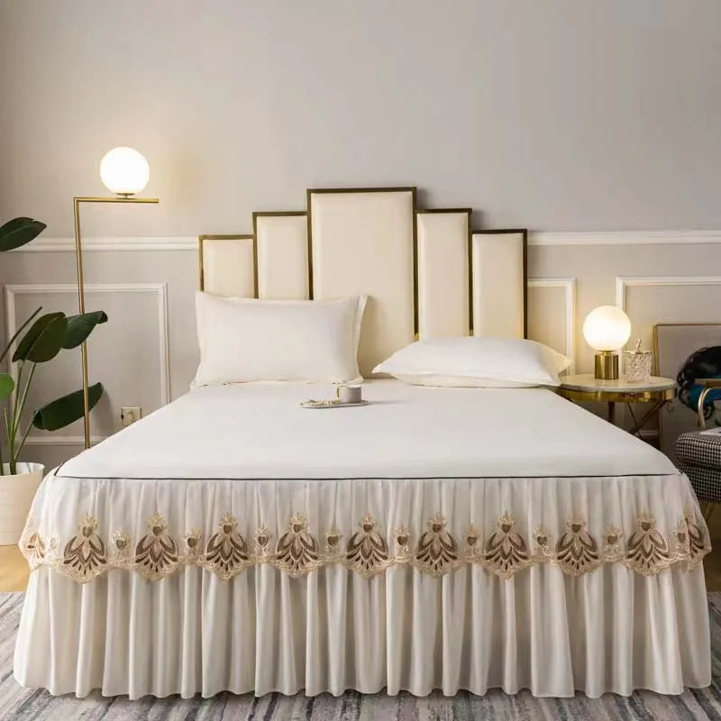 3pcs Set Raw Cotton Soft Bedspread Bed Romance Dust Protector Cover Embroidery Lace Edge Bed Skirt with 2pcs Pillowcase