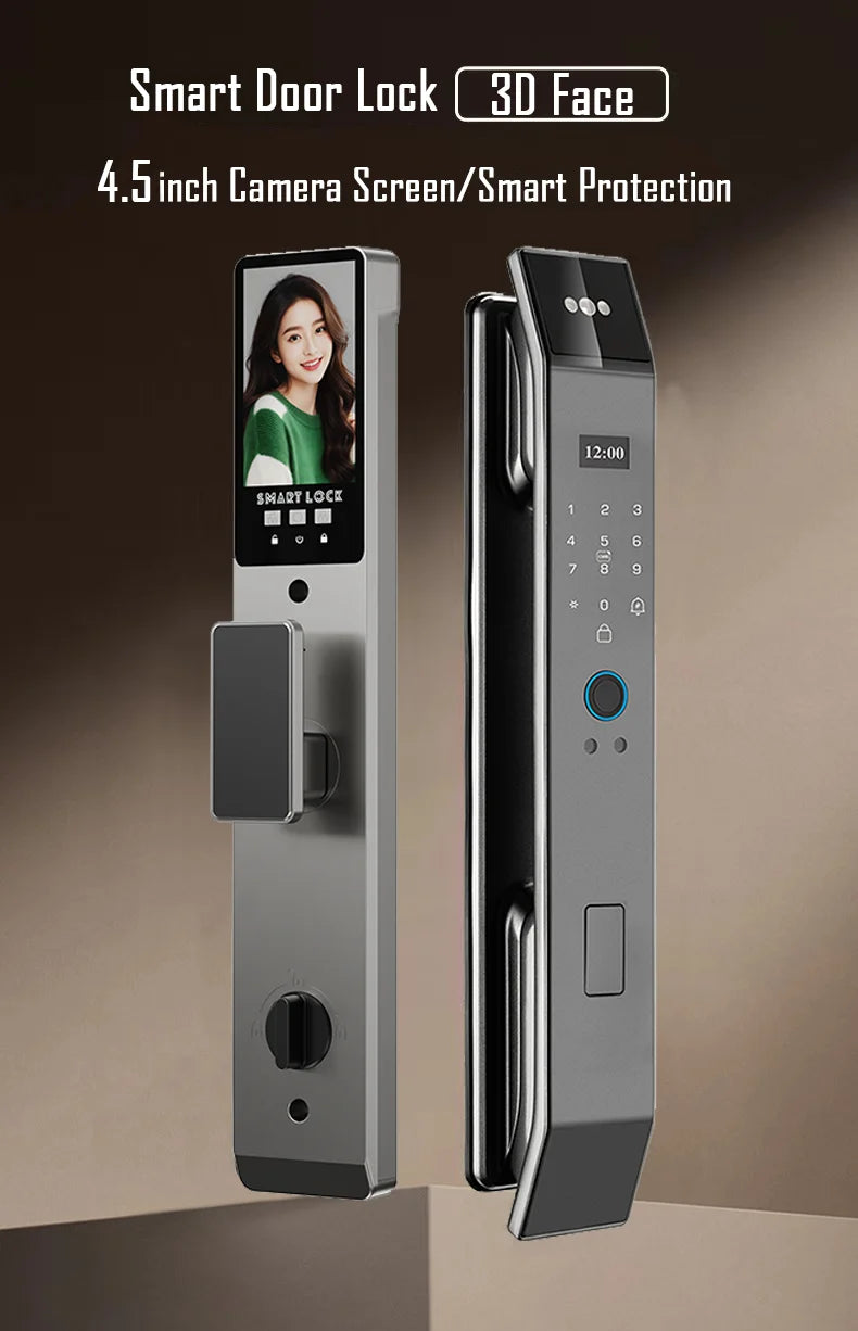 Tuya APP Smart Life APP Control Voice Intercom Smart Lock 3D Face Recognition Fingerprint Password Smart  Door Lock With Camera