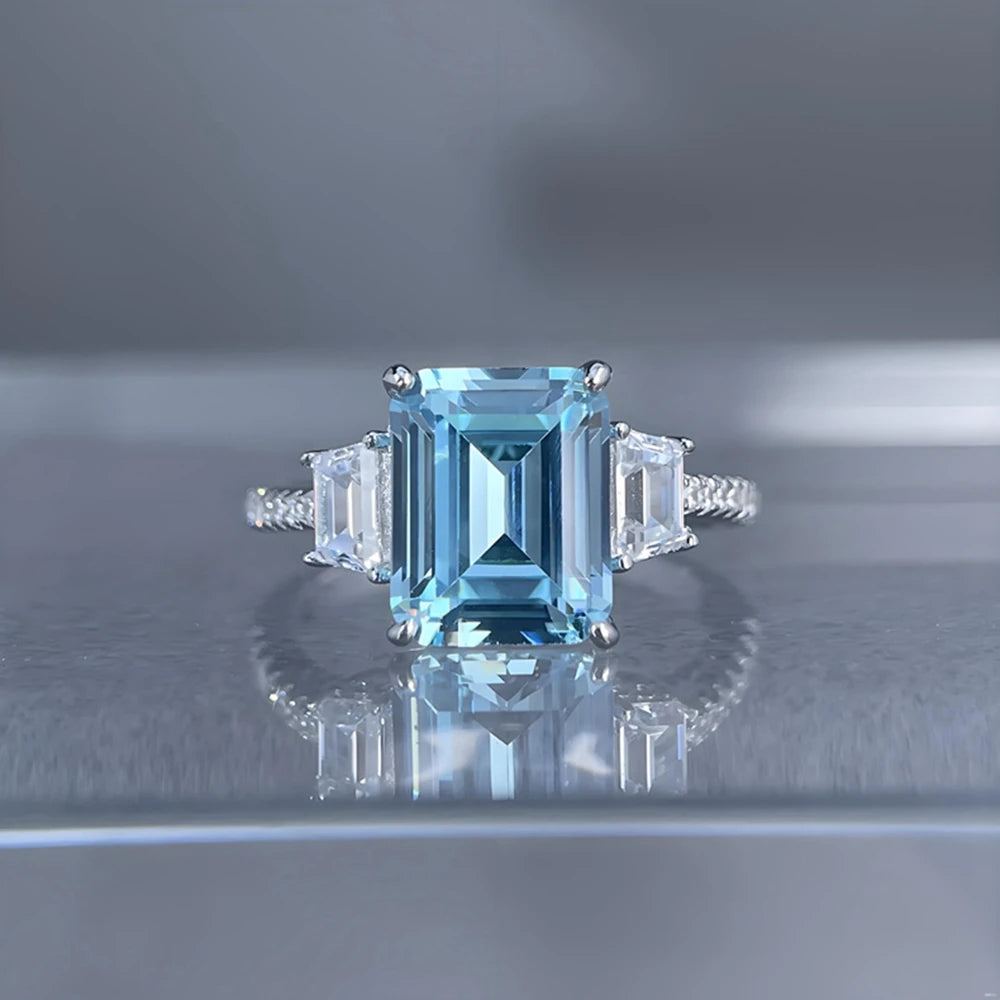Wong Rain 925 Sterling Silver Emerald Cut 8*10 MM Aquamarine Citrine High Carbon Diamond Wedding Engagement Rings Fine Jewelry