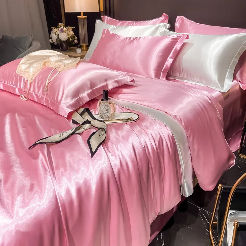 Real 100% Mulberry Silk Bedding Set with Duvet Cover Fitted/Flat Bed Sheet Pillowcase Solid Color 4pcs King Queen Twin Bed Sets