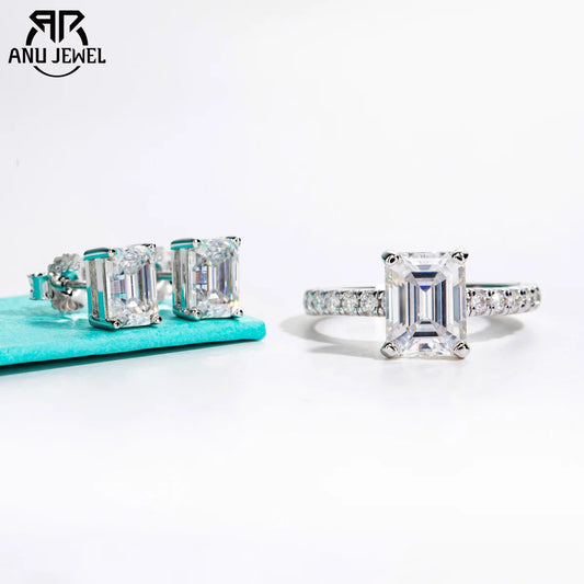 AnuJewel 3ct Emerald Cut Moissanite Engagement Ring 1ct Emerald Stub Earrings Bridal Sets 925 Sterling Silver Wedding Band