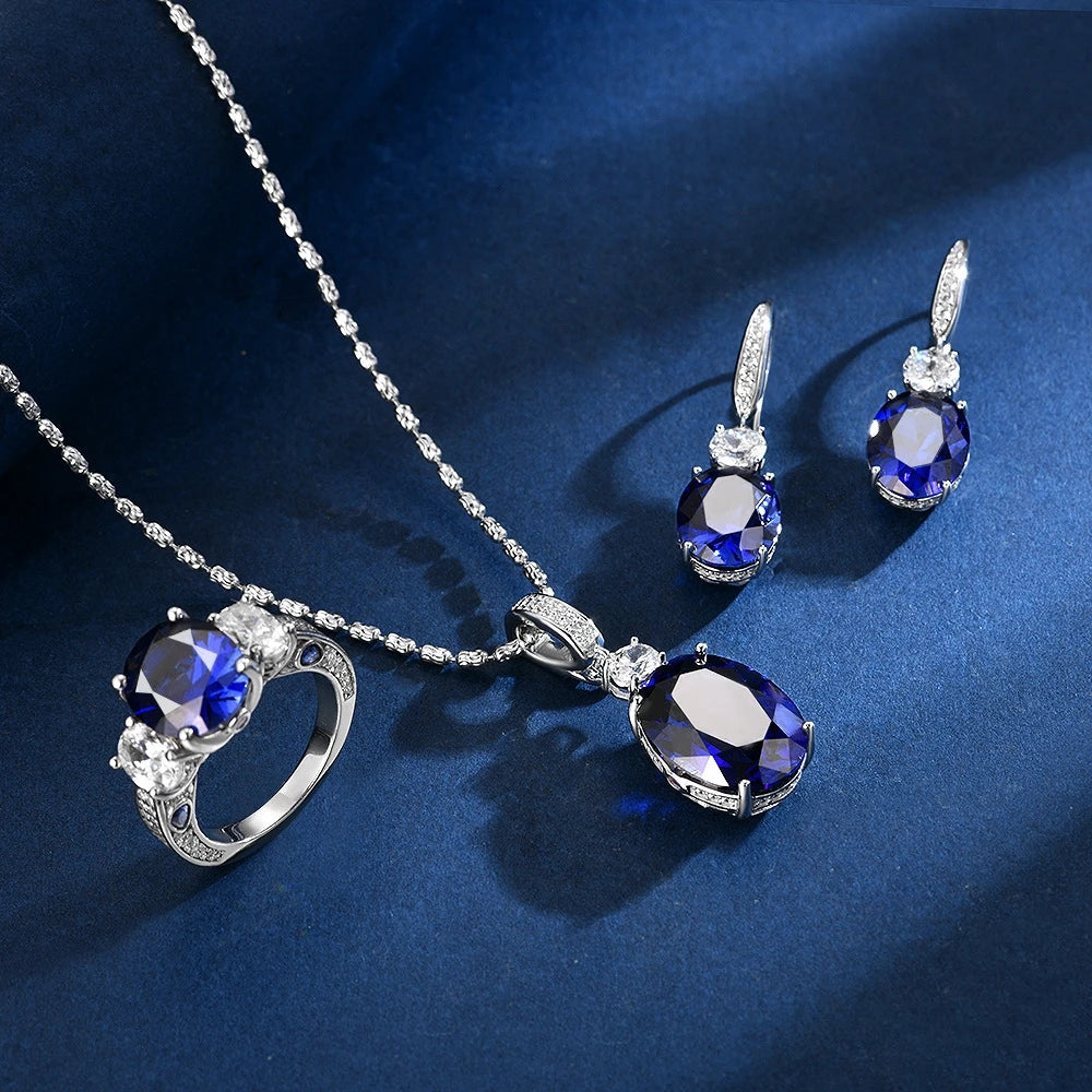 Wong Rain Classic 925 Sterling Silver Oval Cut Sapphire High Carbon Diamond Gems Pendant/Necklace/Earrings/Rings Jewelry Sets