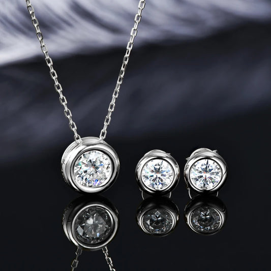 IOGOU 6.5mm 1ct Bezel Moissanite Pendant Necklace Earrings Sets 925 Silver Adjustable Chain for Women GRA Certified Jewelry Set