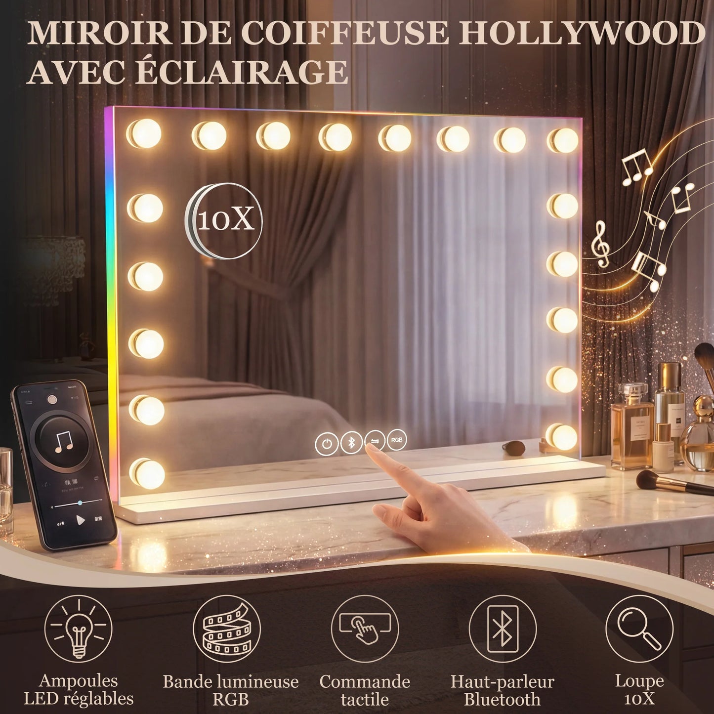 HOMCOM Hollywood make-up mirror with 18 LED bulbs, 3 light colors, RGB light, Bluetooth speaker, white