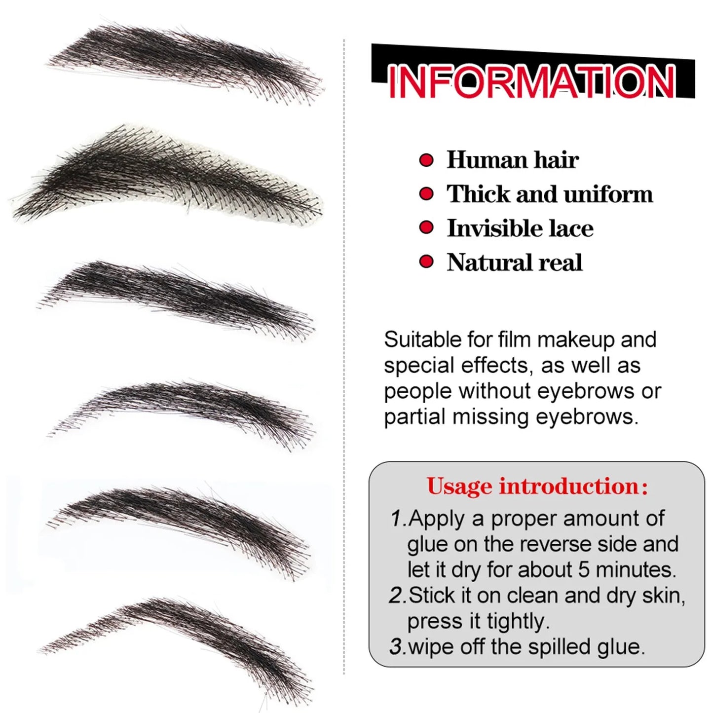 WIGUNDLE Fake Eyebow Women Or Man Hair Brazilian Hair invisible Handmade 100% Human Hair Fake Eyebrows Hand Tied False Eyebrows
