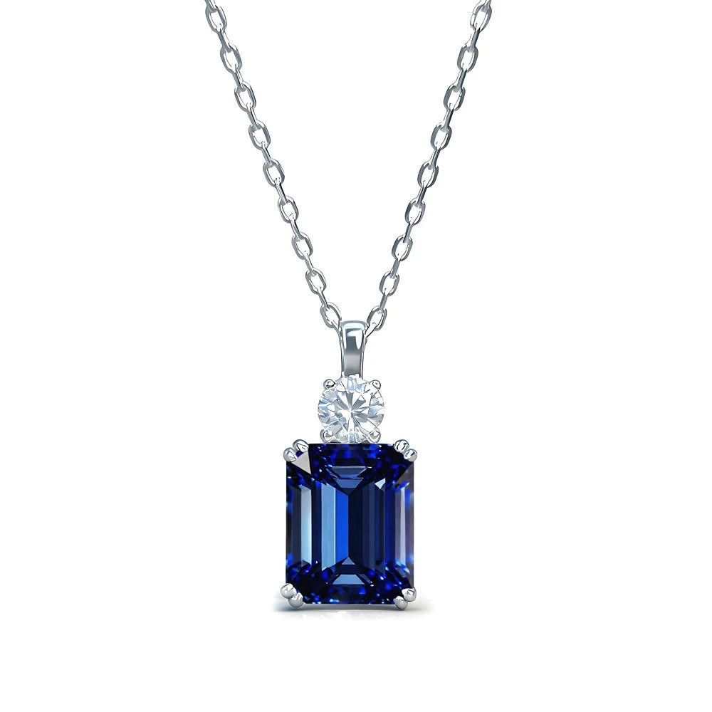 Wong Rain 925 Sterling Silver 8*10 MM Tanzanite Sapphire Ruby Citrine Emerald High Carbon Diamond Pendant Necklace Fine Jewelry