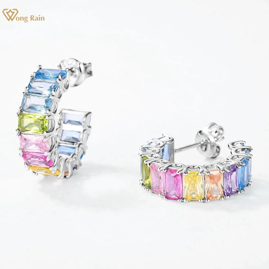 Wong Rain 100% 925 Sterling Silver Colorful 3*5 MM Lab Sapphire Gemstone Hoop Earrings for Women Fine Jewelry Gifts Wholesale