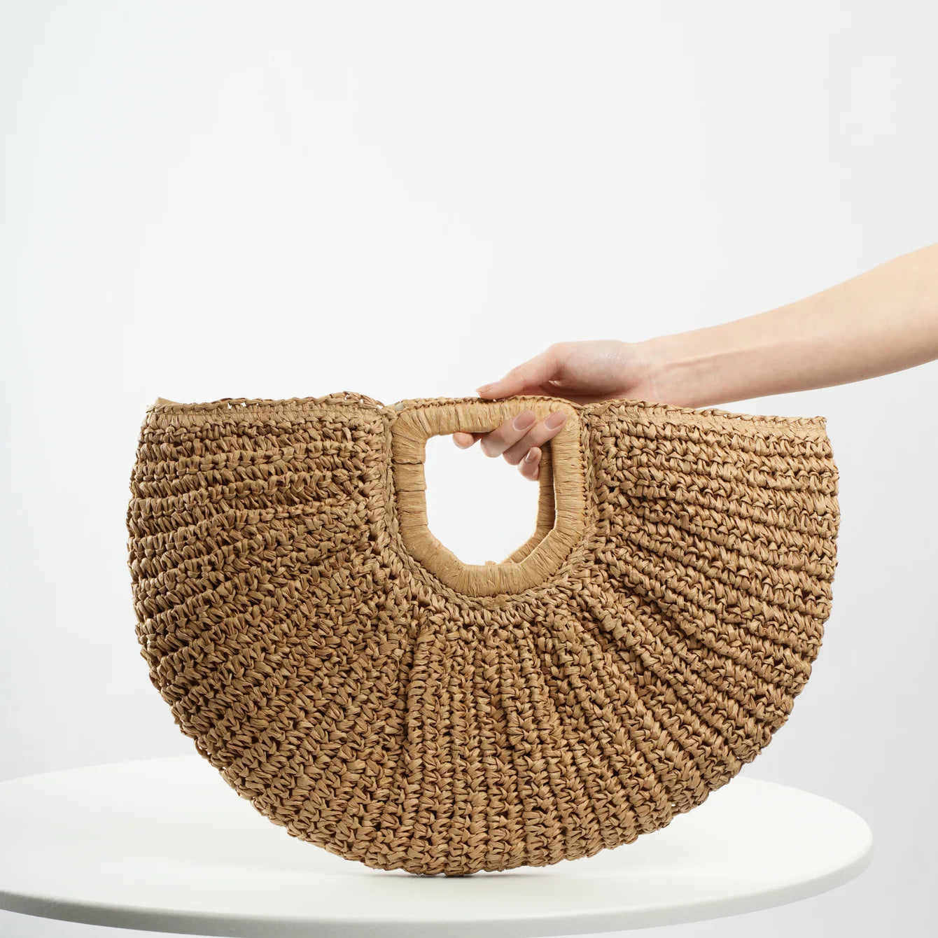 Summer Straw Women Half-moon Beach Handbag Rattan Handmade Handle Fashion Kintted Tote Bag