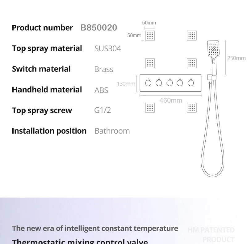 Bathroom 20inch 50x50cm Shower Head Panel Faucet Rain Mist Laterfal Jets Thermostatic Valve Mixer System SPA Massage Set