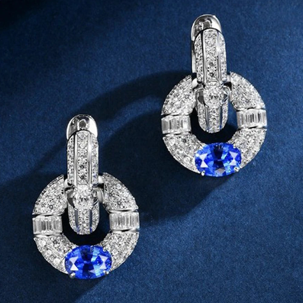 Wong Rain 100% 925 Sterling Silver Sparkling Oval Cut 5*7 MM Sapphire High Carbon Diamond Gemstone Drop Earrings Fine Jewelry