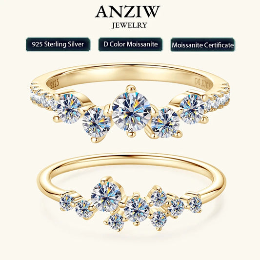 Anziw Real S925 Ring Cluster Moissanite Sterling Silver Wedding Engagement Finger Rings Fashion Band for Women Fine Jewelry 925
