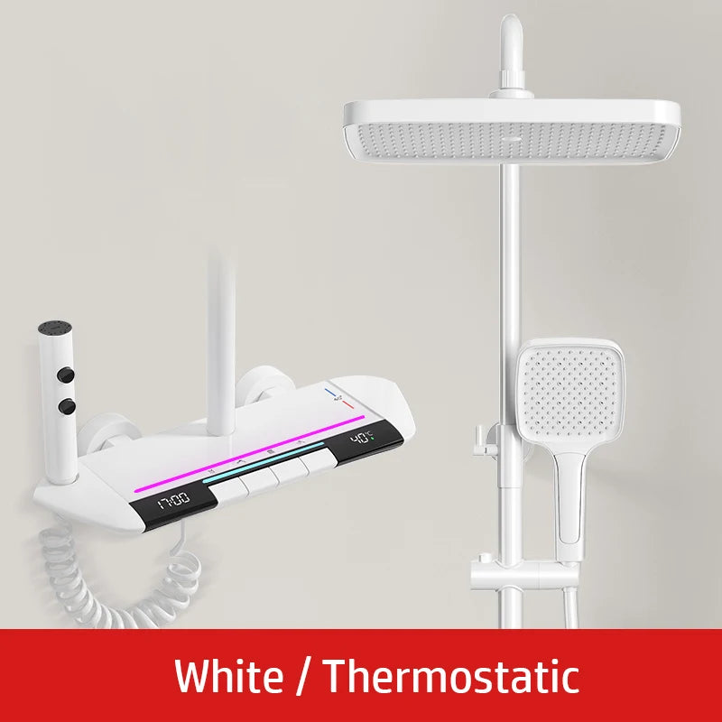 Brush Gold Atmosphere Rain Shower Faucet Bathtub LED Digital Hot Cold Thermostatic Shower System Bathtub Wall Mount Bath Tap Set