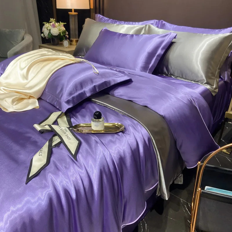 Real 100% Mulberry Silk Bedding Set with Duvet Cover Fitted/Flat Bed Sheet Pillowcase Solid Color 4pcs King Queen Twin Bed Sets