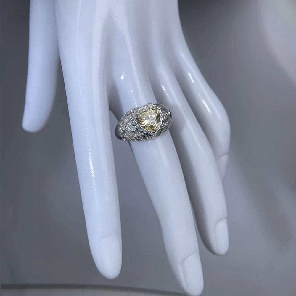 Wong Rain 925 Sterling Silver Heart Cut 8 MM Citrine Sapphire High Carbon Diamond Ring for Women Fine Jewelry Anniversary Gifts