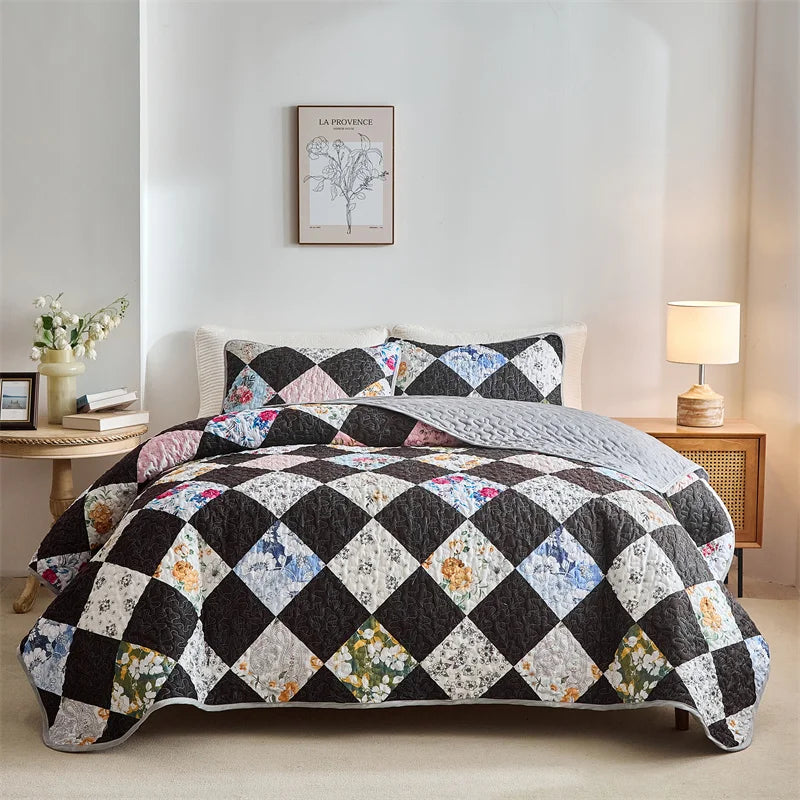 New Quilted Bedspread Set,Soft Microfiber,Thick Bed Cover+Pillowcase,European Flower Patchwork Mattress Topper Bed Sheets King