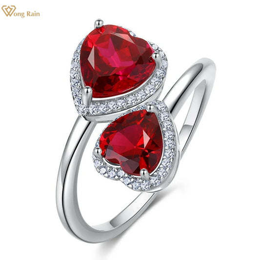 Wong Rain Vintage 925 Sterling Silver Heart Cut 6 MM Ruby High Carbon Diamond Gem Adjustable Ring for Women Party Fine Jewelry