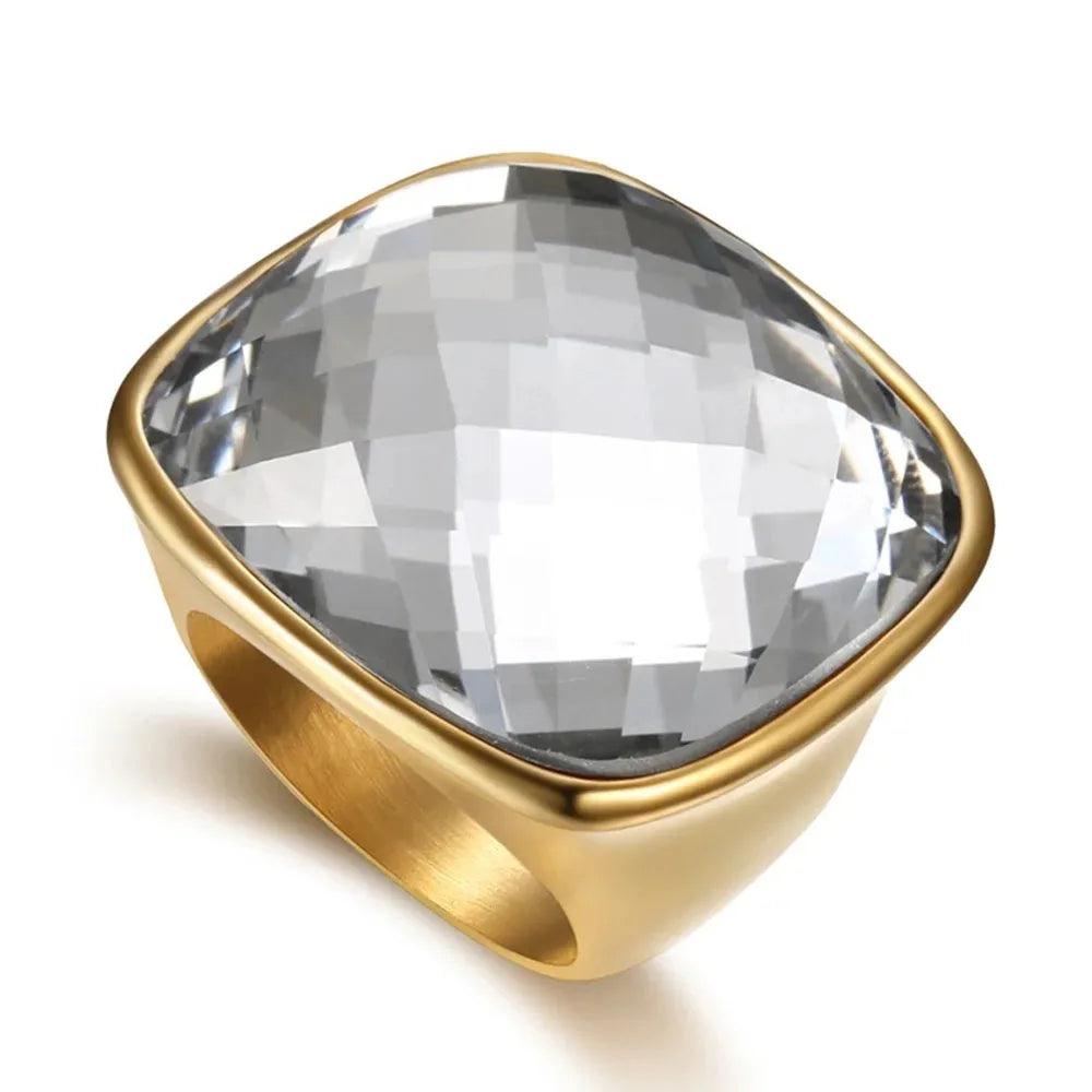 Niche Exaggerated Modern Large Gemstone Women's Ring Titanium Steel Plated 18k Gold Jewelry