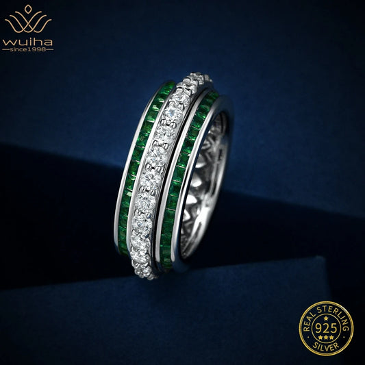 WUIHA Real 925 Sterling Silver Fancy Vivid Emerald Ruby Row Created Moissanite Rotating Ring for Women Luxury Gift Drop Shipping
