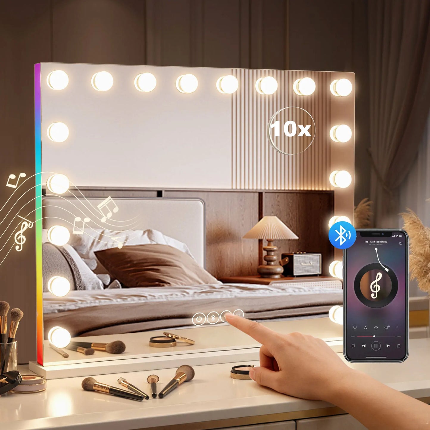 HOMCOM Hollywood make-up mirror with 18 LED bulbs, 3 light colors, RGB light, Bluetooth speaker, white