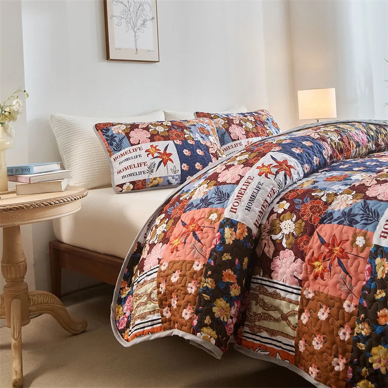 New Quilted Bedspread Set,Soft Microfiber,Thick Bed Cover+Pillowcase,European Flower Patchwork Mattress Topper Bed Sheets King