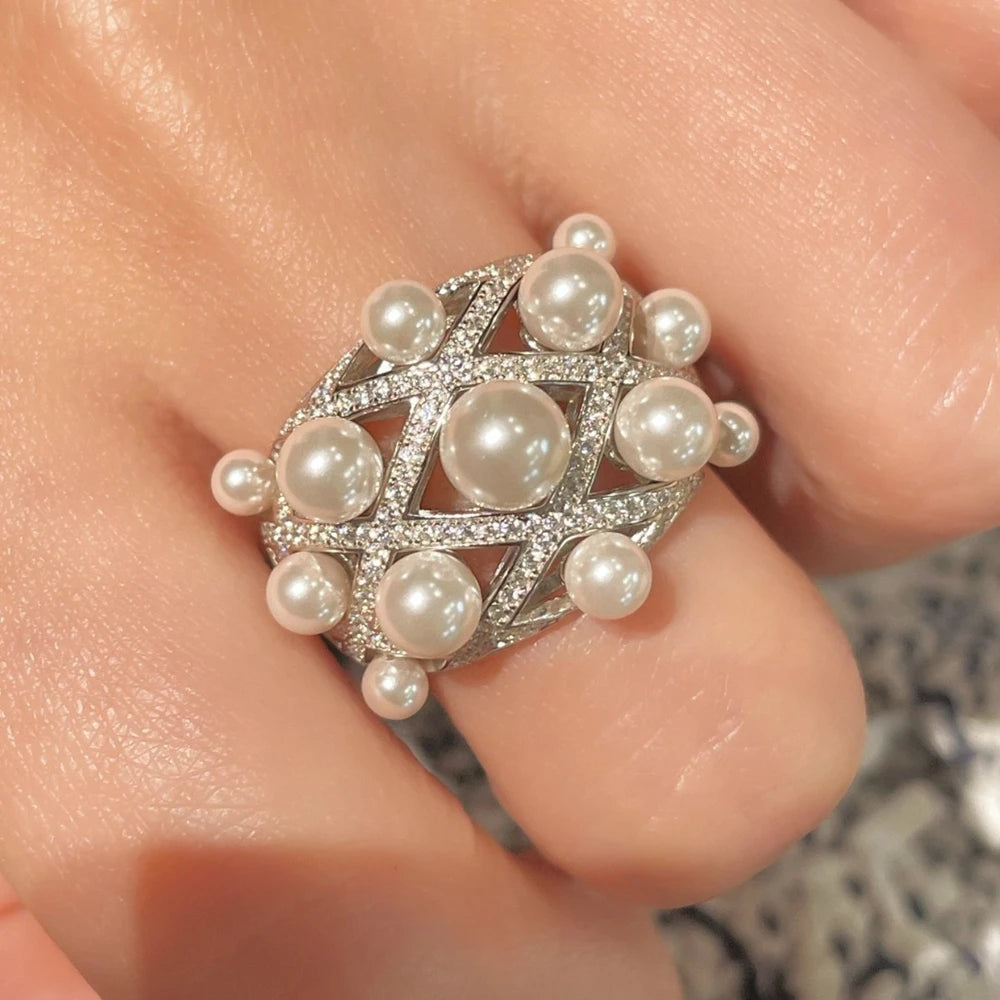 Wong Rain Sparkling 925 Sterling Silver Full Pearl High Carbon Diamond Gemstone Wedding Engagement Ring for Women Fine Jewelry