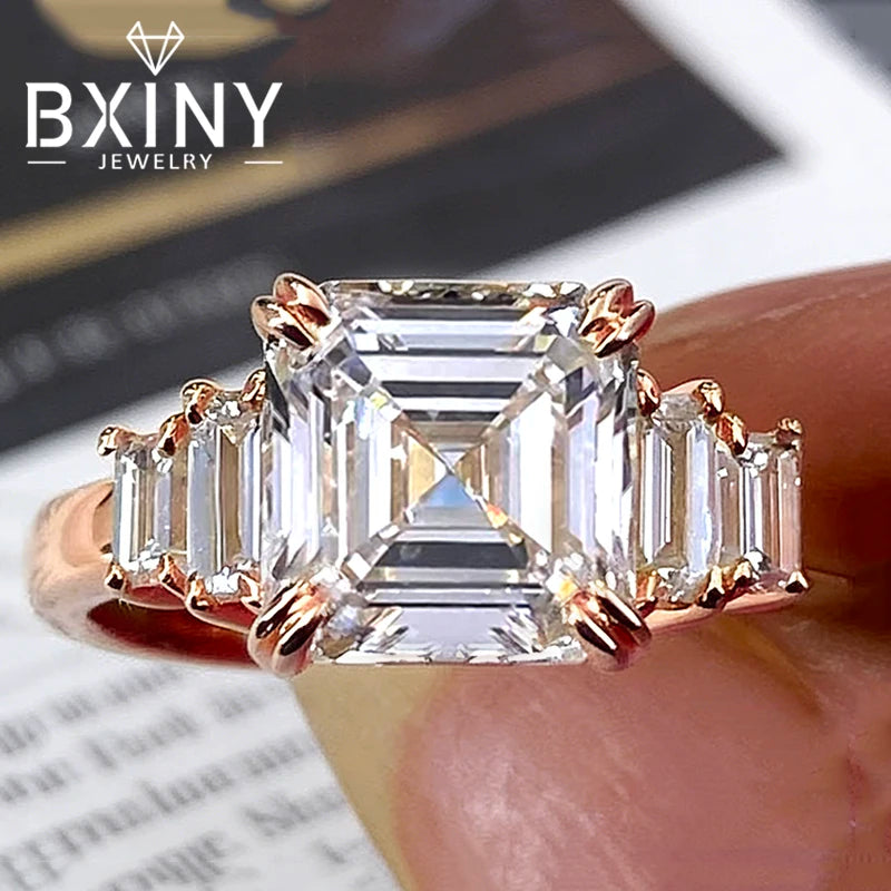 BXINY 4CT Asscher Cut All Moissanite Ring 100% S925 Silver Baguette Diamond Wedding Band for Women Gift Jewelry With Certificate