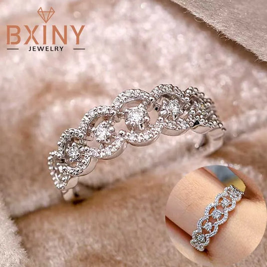 BXINY Moissanite Ring 925 Sterling Silver For Women Lace Wedding Band Lab Diamond Hollowed-out Row Rings Fine Jewelry Gifts