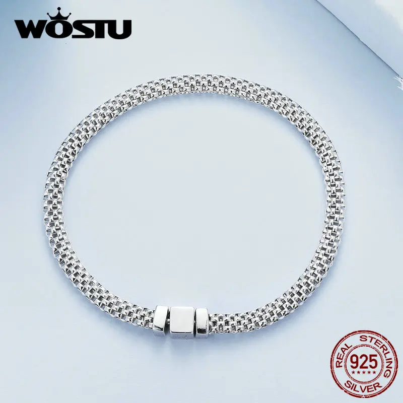 WOSTU 925 Sterling Silver European Simple Knitted Mesh Bracelets For Women Fashion Chain Luxury Wrist Jewelry Wedding Gift B124