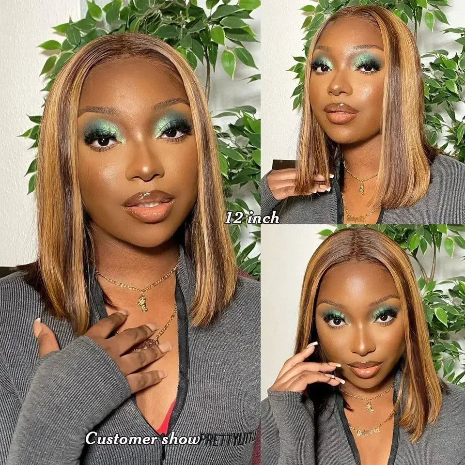 Highlight Ombre Straight Short Bob 4x4 Lace Closure Wigs 100% Human Hair Vietnamese 200 Density #4/27 Color 13x4 Lace Front Wig