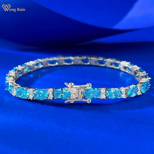 Wong Rain Classic 925 Sterling Silver Oval Cut 4*6MM Aquamarine High Carbon Diamond Gems Bracelets Bangle Fine Jewelry Wholesale