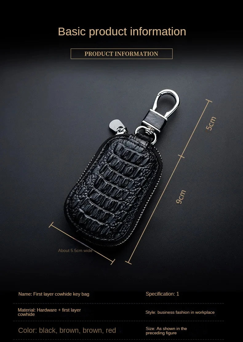 Cowhide Car Key Wallet Case Genuine Leather Crocodile Pattern Zipper Cover Mini Waist Trailer Key Bag Unisex with Metal Buckle