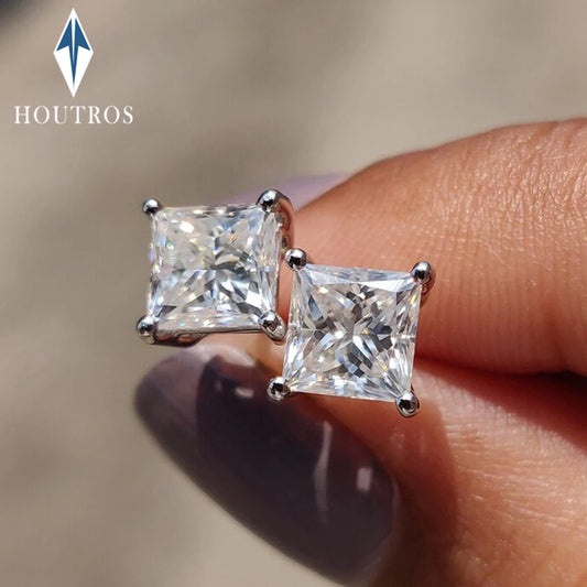 2Carat Princess Cut Moissanite Stud Earrings for Women Men 925 Sterling Silver Square Lab Diamond Classic Ear Studs Jewelry Gift
